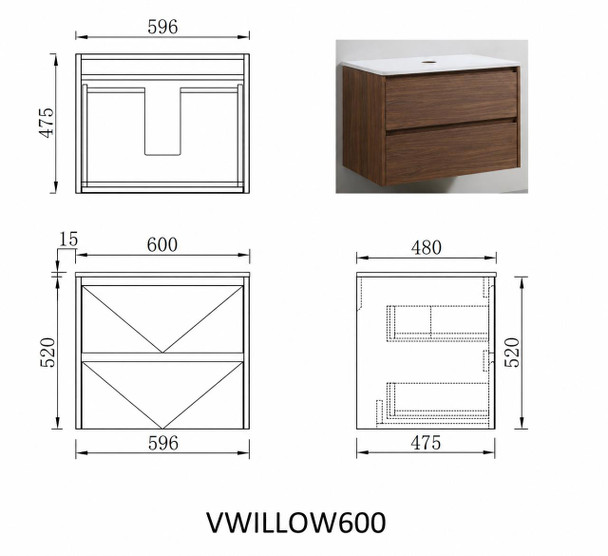 Willow Walnut Wall Hung Vanity 600mm 