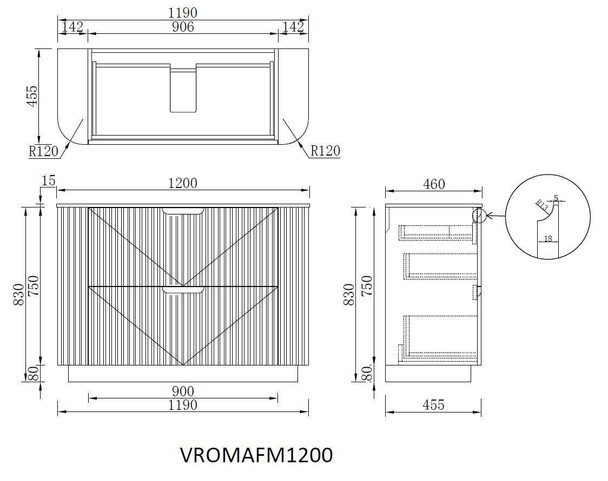 Roma White Fluted Floor Mount Vanity 1200mm 