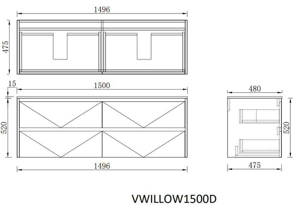 Willow Oak Wall Hung Vanity Double Bowl 1500mm 