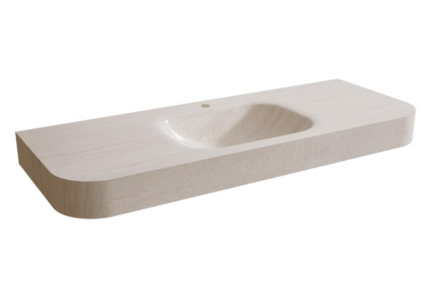 Travertine Finish Moulded Porcelain Vanity Top With Integrated Basin, 100 mm fascia, and R125 Rounded Front Corners 750 x 460 mm 