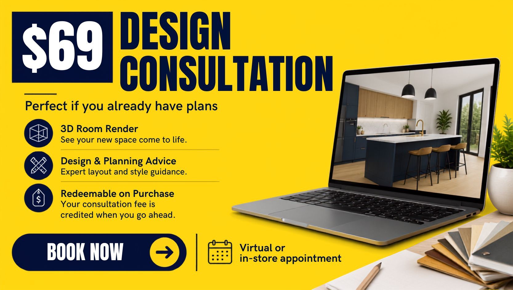 $69 Design Consultation including 3D room render, design planning, detailed quotation and in-store or virtual appointment from The Sink Warehouse.