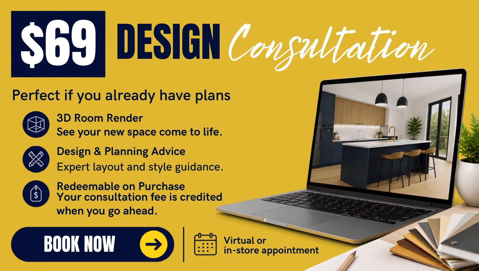 $69 Design Consultation including 3D room render, design planning, detailed quotation and in-store or virtual appointment from The Sink Warehouse.