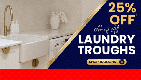 close-laundry-troughs.gif The Sink Warehouse laundry sale banner featuring a white laundry trough and gold tap with 25% off almost all laundry troughs.
