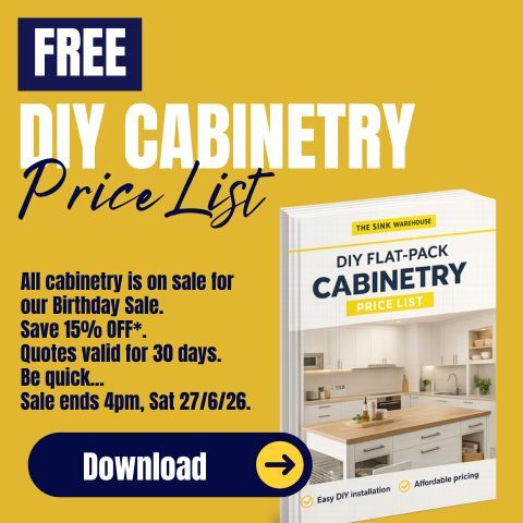 Free DIY cabinetry price list from The Sink Warehouse featuring flat-pack cabinetry pricing, easy DIY installation and affordable kitchen cabinetry options.