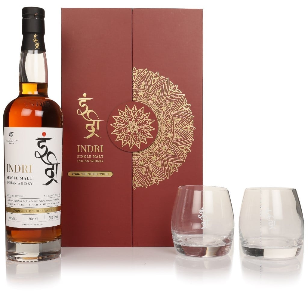 Indri Trini Three Wood Indian Single Malt Gift Set with 2x Glasses