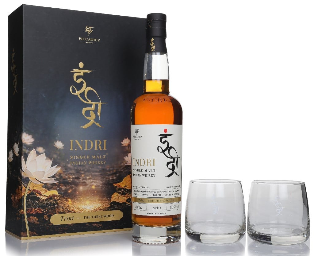 Indri Trini Three Wood Indian Single Malt Gift Set with 2x Glasses
