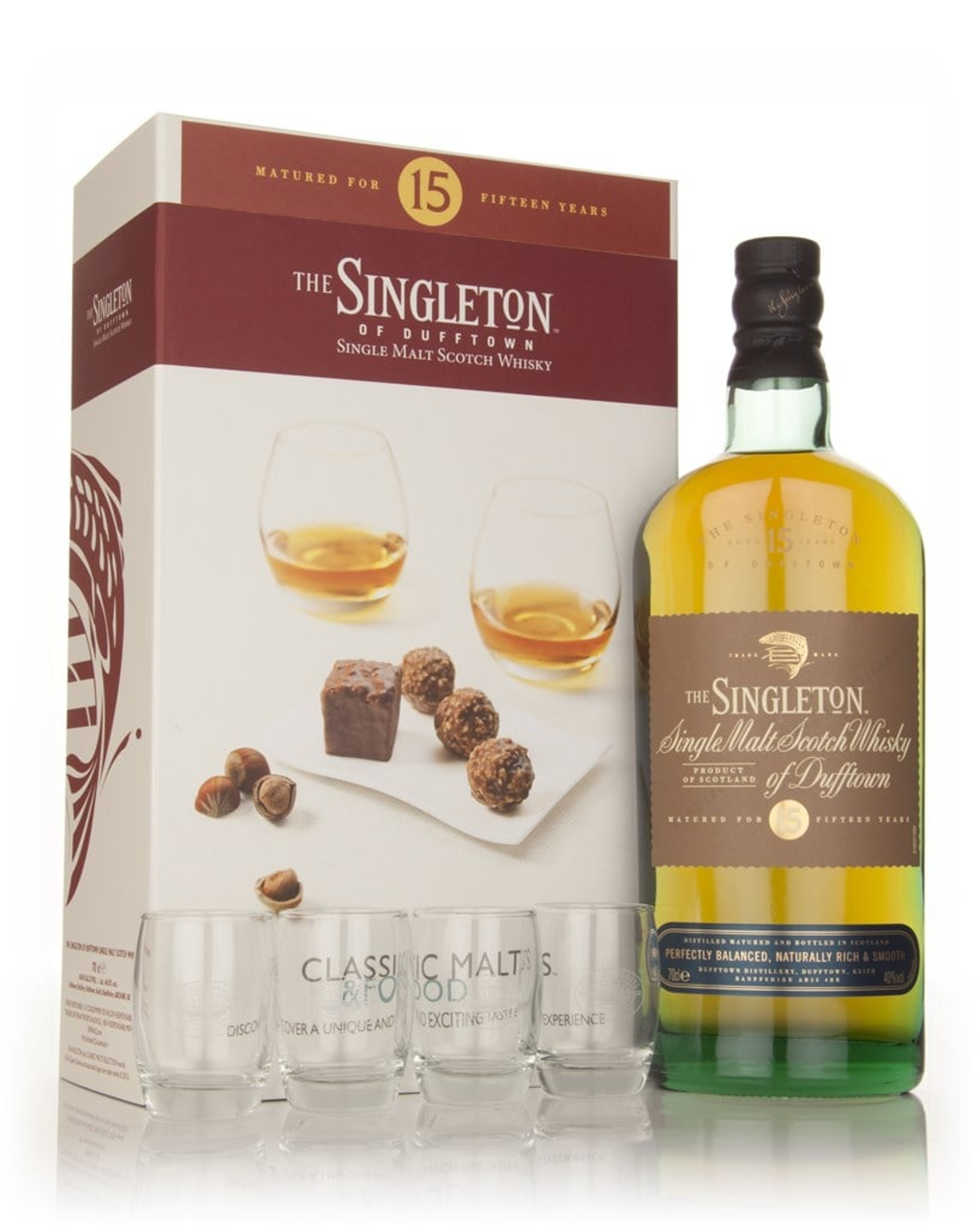 Singleton of Dufftown 15 Year Old - Classic Malts & Food Gift Set with 4x Glasses 70cl