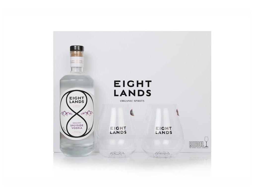 Eight Lands Vodka Gift Set with 2x Glasses (No Box / Torn Label) 70cl