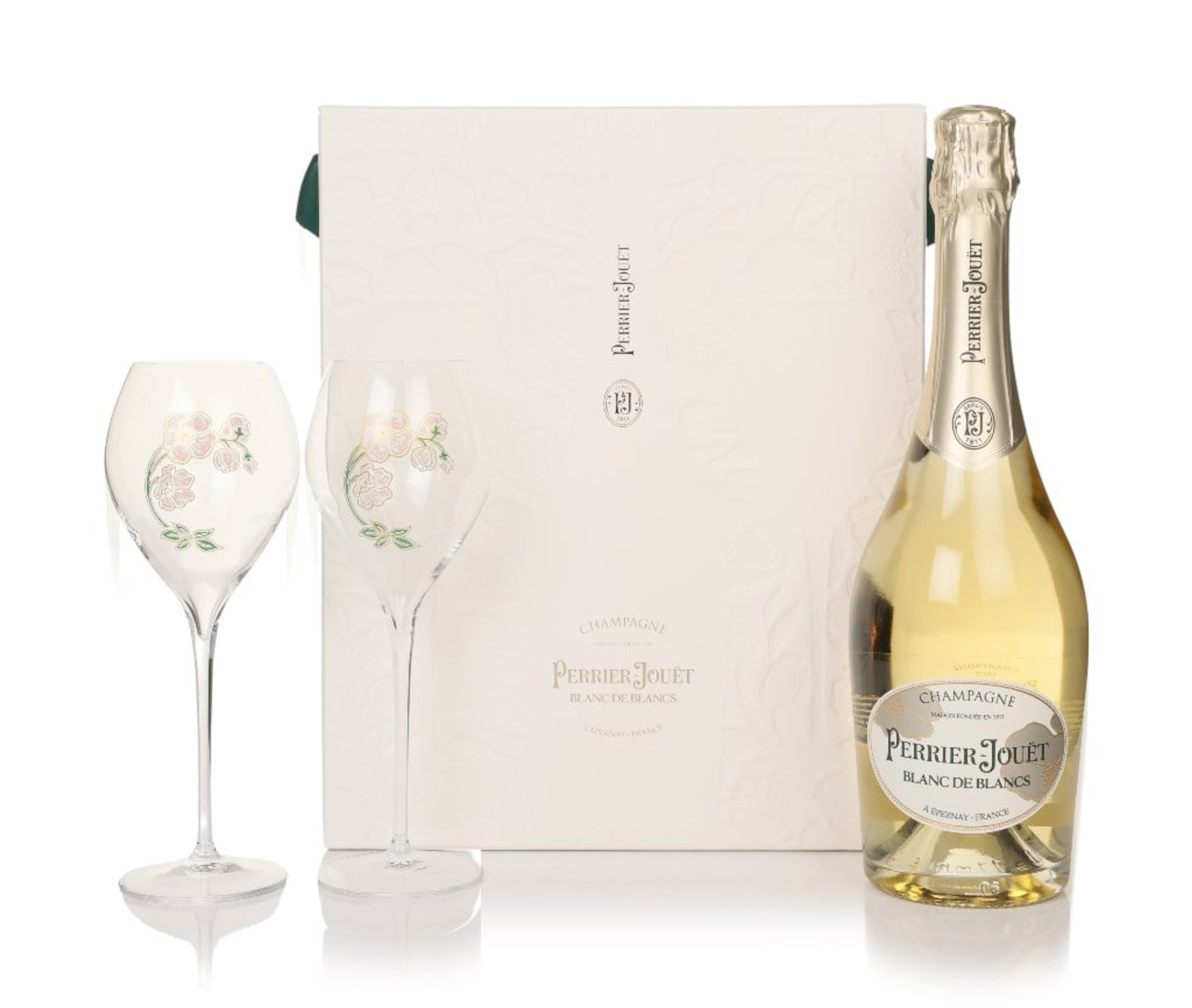 Perrier-Jouët Blanc de Blancs Gift Pack with 2x Glasses (No Box / Torn Label) 75cl
