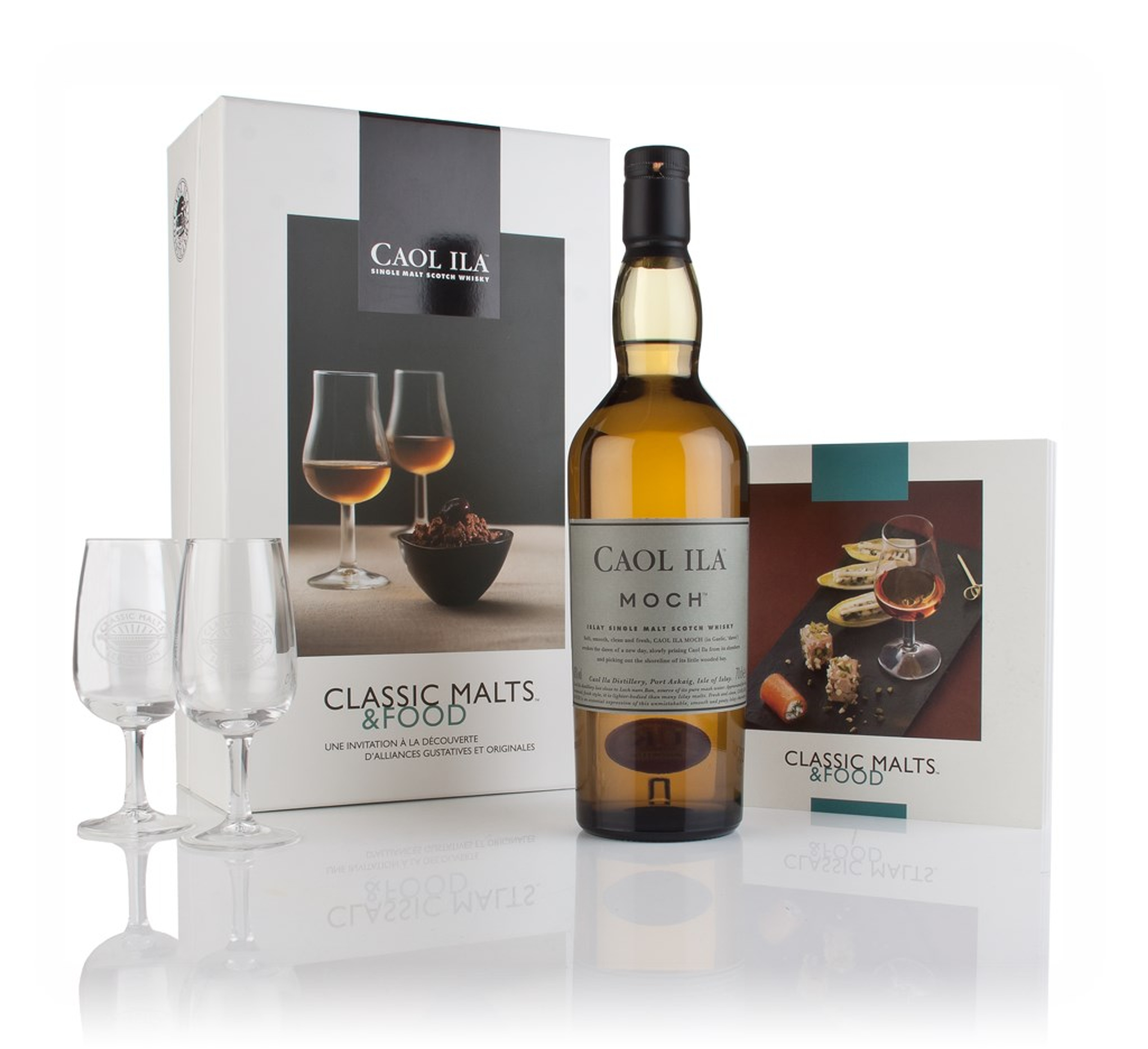 Caol Ila Moch - Classic Malts & Food Gift Set with 2x Glasses (No Box / Torn Label) 70cl