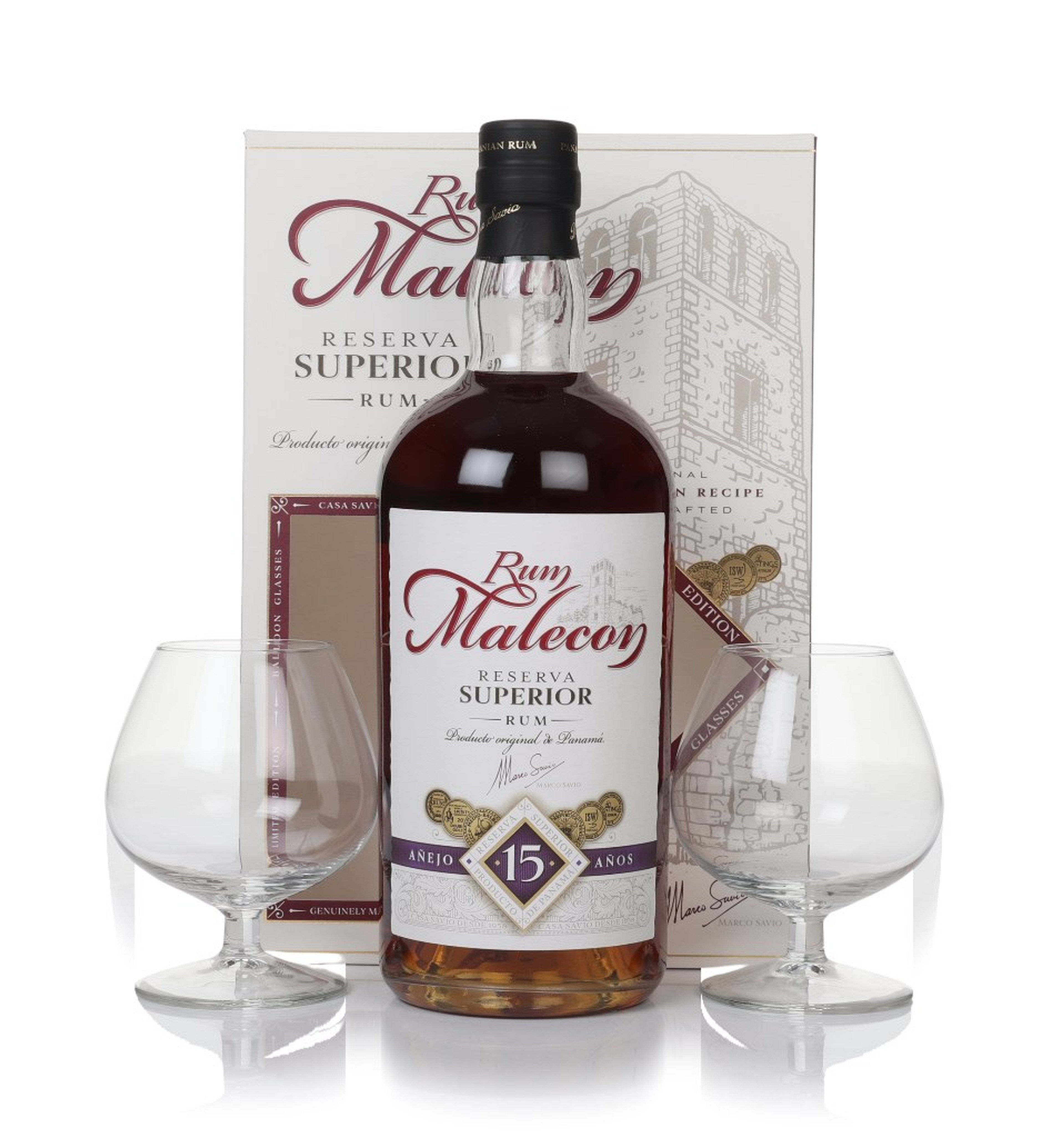 Malecon 15 Year Old Reserva Superior Gift Set with 2x Glasses 70cl
