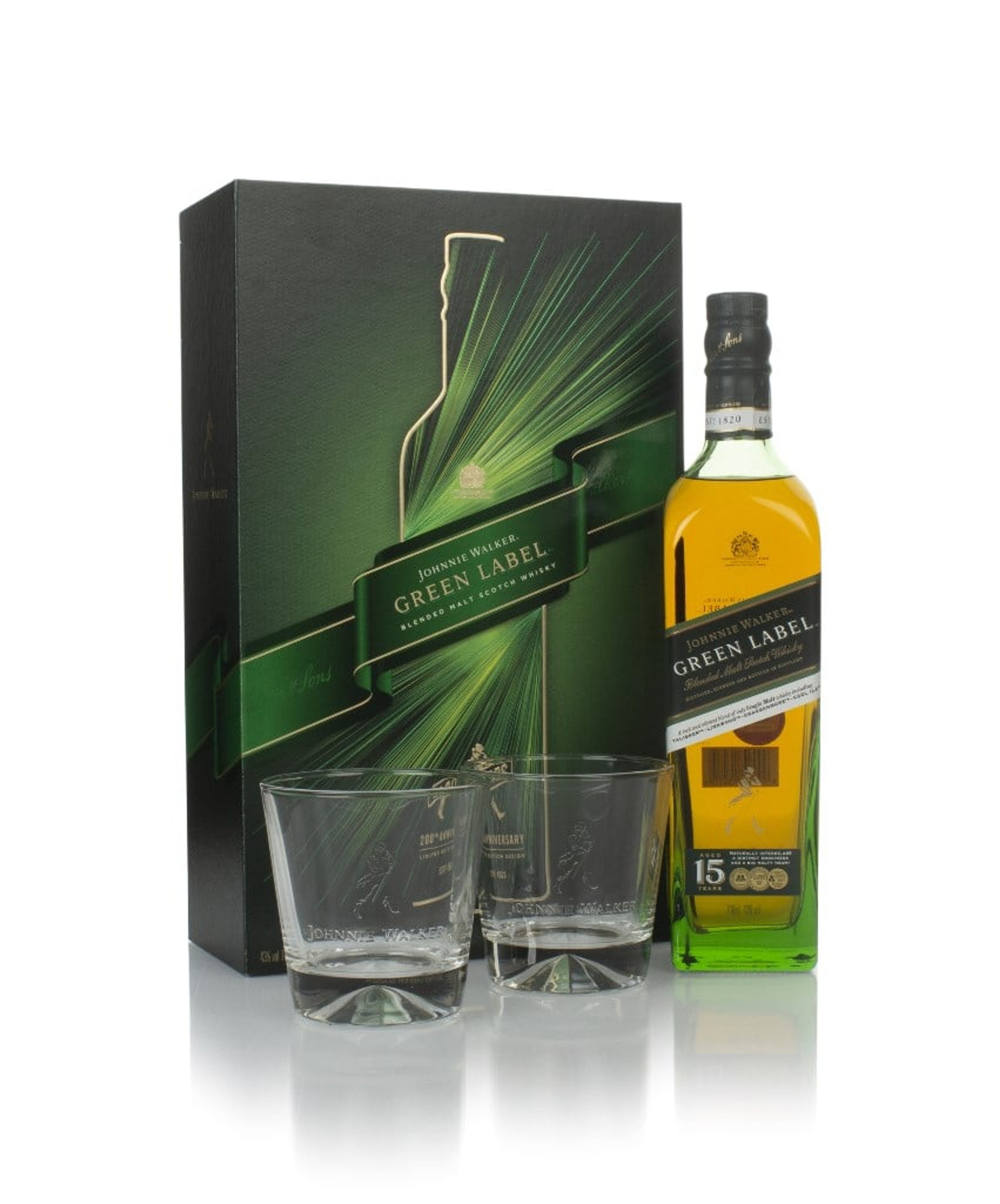 Johnnie Walker Green Label 15 Year Old Gift Pack with 2x Glasses 70cl