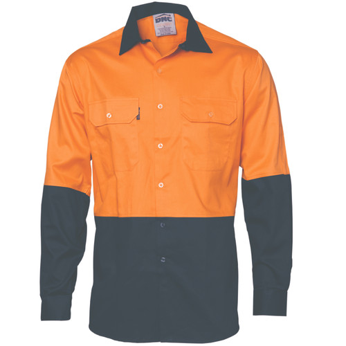 M HIVIS COOL-BREEZE ORANGE/NAVY L/S WORK SHIRT
