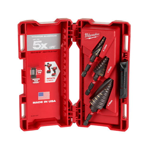 3PCE SHOCKWAVE TITANIUM STEP DRILL BIT SET IN CASE