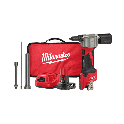 12V RIVET TOOL, 3PCE EXTENSION KIT 1X4AH BAT,CHRG,BAG