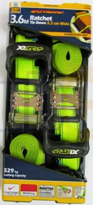 2PCE - 32MM X 3.6MTR H/DUTY RATCHET TIE DOWN 529KG