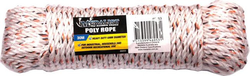6MM X 30MTR WHITE/SILVER MONO 3 STRAND POLY ROPE