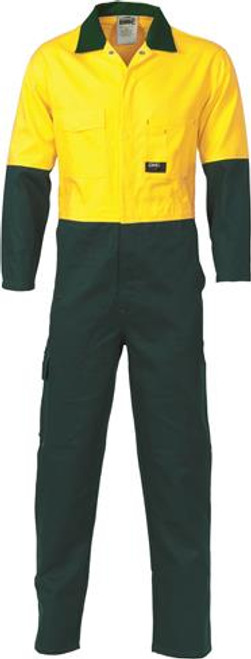 107R TWO TONE HIVIS YLW/BTL GRN CTN DRILL COVERALL