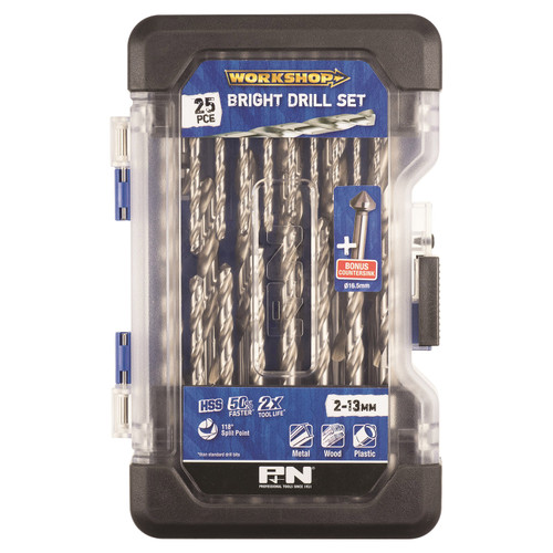25PCE BRIGHT DRILL SET - M2 HSS + COUNTERSINK