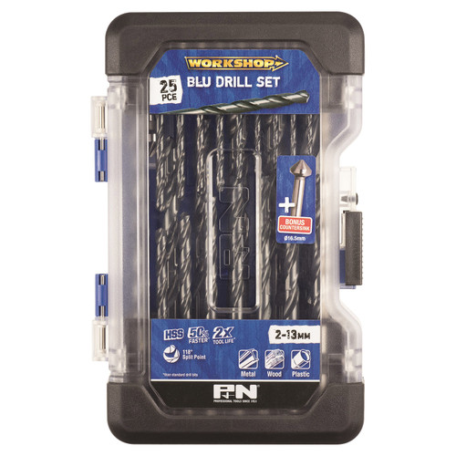 25PCE BLUE DRILL SET - M2 HSS + COUNTERSINK