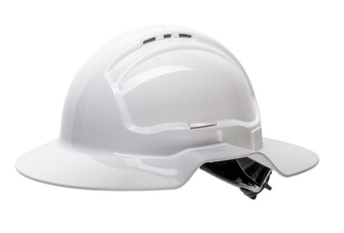 WHITE VENTED BROAD BRIM HARD HAT WITH RATCHET HARNESS