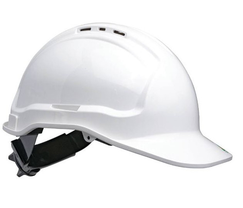 WHITE VENTED CAP STYLE HARD HAT WITH RATCHET HARNESS