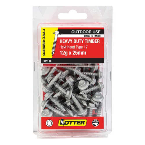 12GX30MM GALV HEX HEAD TIMBER SCREW - 50PK