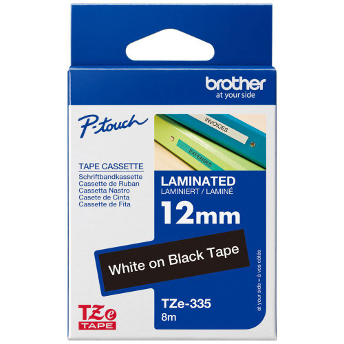 12MM x 8M WHITE ON BLACK TZE-335 LAMINATED TAPE