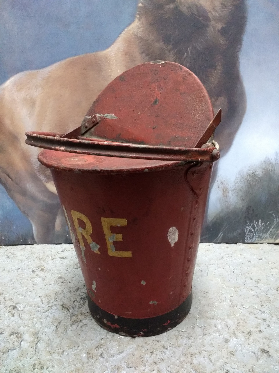 * SOLD * A rare red metal vintage fire bucket with lid made in Paisley