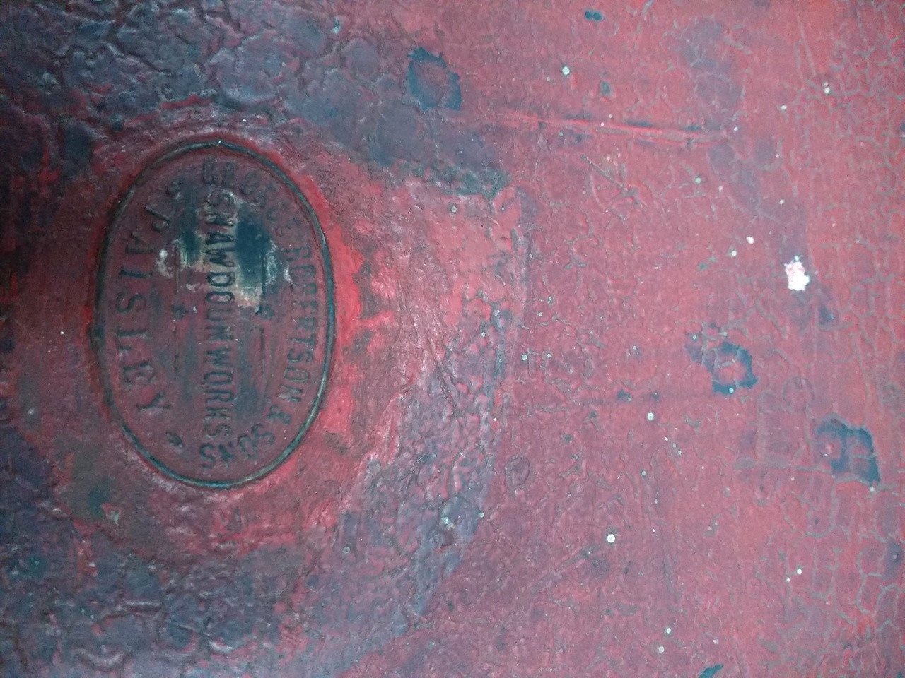 * SOLD * A rare red metal vintage fire bucket with lid made in Paisley