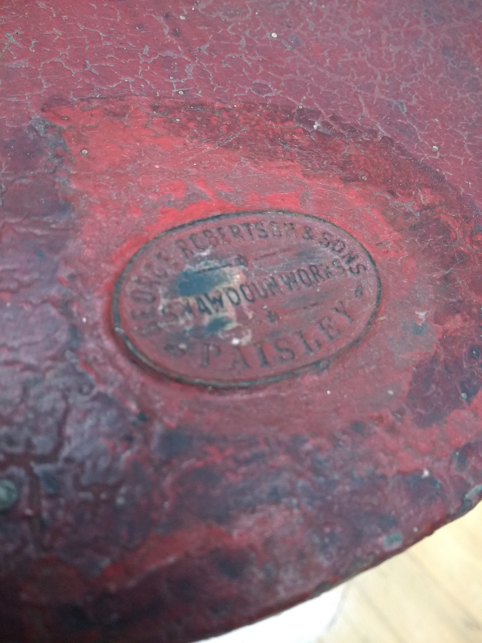 * SOLD * A rare red metal vintage fire bucket with lid made in Paisley