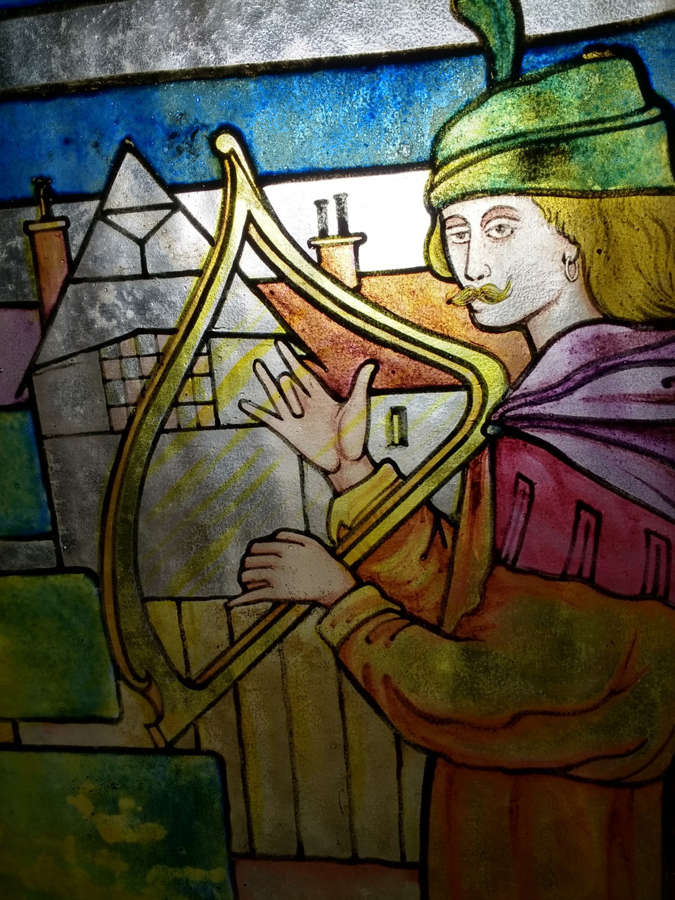 ** SOLD ** Painted glass harp player Glasgow Salvage