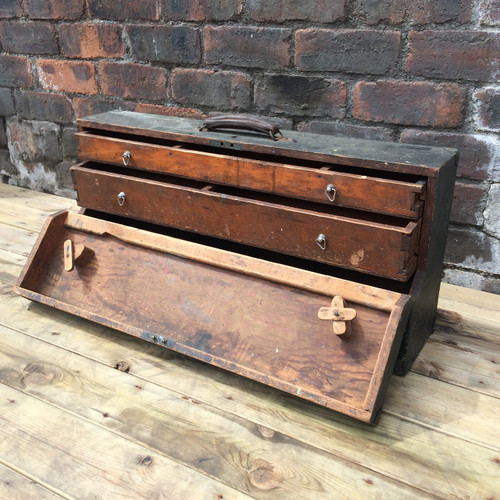 * SOLD * Vintage Tool Box with leather handles and metal corners
