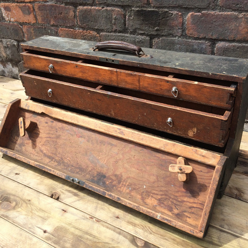 * SOLD * Vintage Tool Box with leather handles and metal corners