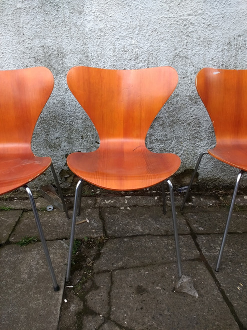 Incredibly stylish and popular, we have here a set of 12 Fritz Hansen of Denmark dining chairs.  These are dated 1978 and have a very attractive shaped back and seat with chrome metal legs.  This set of 12 are in a good vintage condition with some having minor damage to wood. Incredibly stylish and popular, we have here a set of 12 Fritz Hansen of Denmark dining chairs.  These are dated 1978 and have a very attractive shaped back and seat with chrome metal legs.  This set of 12 are in a good vintage condition with some having minor damage to wood.
