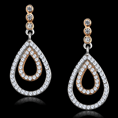 TS548 - Rose Gold + Rhodium 925 Sterling Silver Earrings with AAA Grade CZ  in Clear