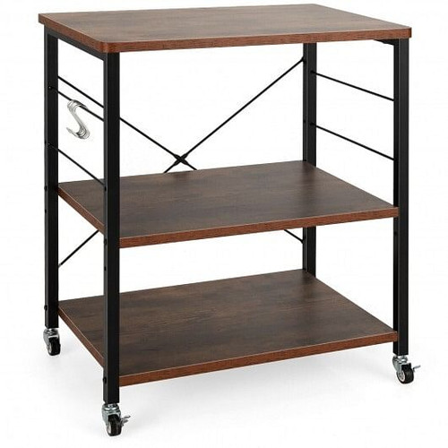 3-Tier Kitchen Baker's Rack Microwave Oven Storage Cart with Hooks-Rustic Brown - Color: Rustic Bro