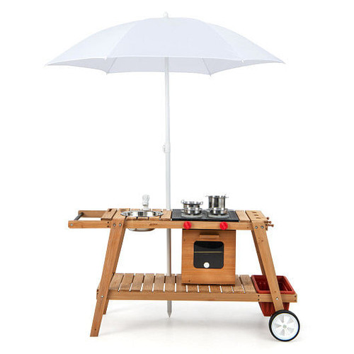 Wooden Play Cart with Sun Proof Umbrella for Toddlers Over 3 Years Old-Brown