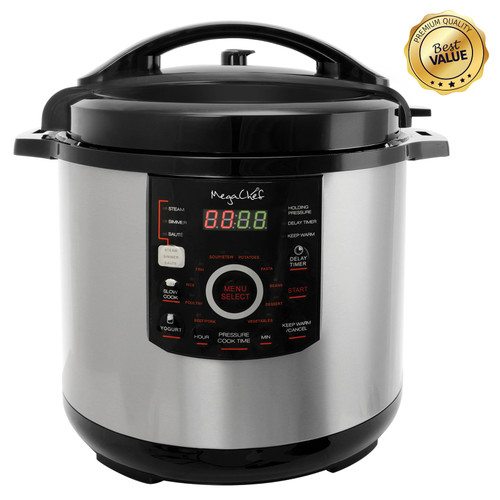 Megachef 12 Quart Steel Digital Pressure Cooker with 15 Presets and Glass Lid