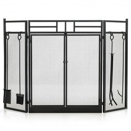 3-Panel Folding Wrought Iron Fireplace Screen with Doors and 4 Pieces Tools Set-Black - Color: Black