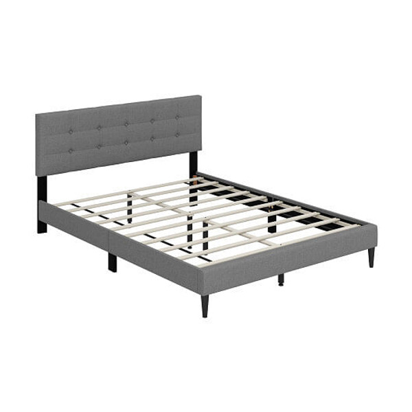 Queen Size Upholstered Platform Bed with Button Tufted Headboard-Gray