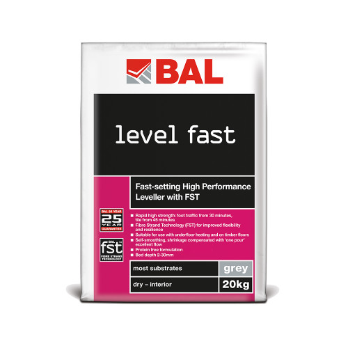 A 20kg bag of BAL Level Fast Self Levelling Compound, supplied in a BAL branded bag by Tile Fix Direct