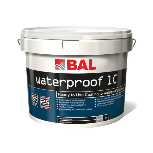 A 5 litre tub of ready mixed BAL Waterproof 1C waterproofing coating