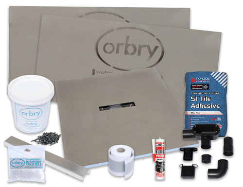 The orbry linear draining wet room kit showing all the wet room components