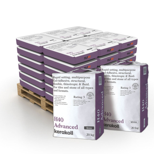 A pallet of Kerakoll H40 Advanced Rapid Settings Gel Tile Adhesive in 20kg bags