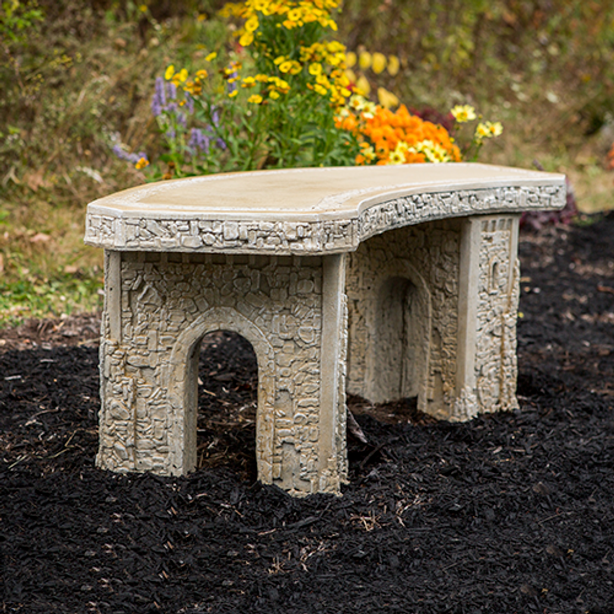 Hand sculpted large stone curved castle bench from Athena Garden make wonderful memorial and special holiday gifts. This curved cast stone bench is a unique castle design that has quality and personality , decorative concrete garden bench, outdoor decor and personalized memorial bench. 
Large Cast Stone Curve Bench, Athena Garden Romanesque style memorial bench, Tuscan stone garden bench,Outdoor Lawn and Garden Athena Garden Tuscan Decorative Bench, Large Cast stone Bench, Curved Garden Bench 