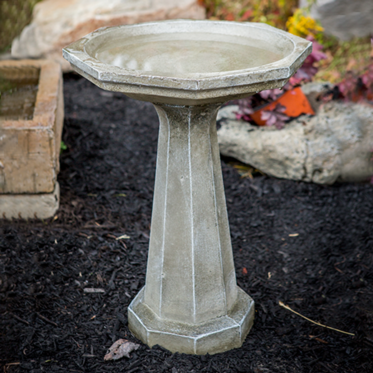 Hand sculpted outdoor decor large octagon birdbath from Athena Garden make wonderful Mother's Day and Christmas gifts. This cast stone concrete Birdbath is a unique design that has high quality and personality, decorative garden birdbath, stone birdbath gifts for all occasions.  concrete bird bath, athena garden birdbath, sculpted, Large Octagon bird bath, contemporary one piece bird bath, modern one piece bird bath, modern birdbath, concrete staturary