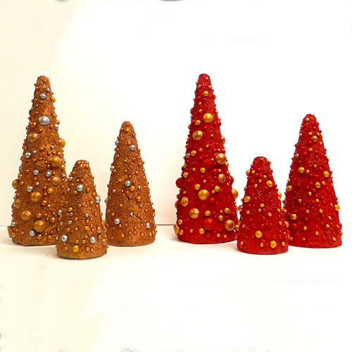 cast stone concrete hand sculpted decorative set of three christmas trees. These cone ornament trees from Athena Garden are strong and durable for the wintery holiday conditions. indoor and outdoor holiday Christmas decor made in the USA.