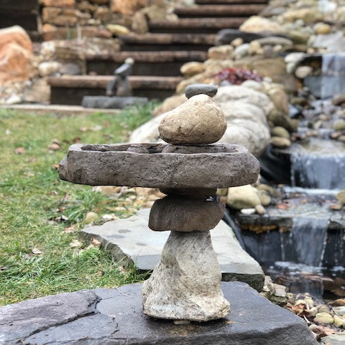 cast stone balancing rocks, concrete bird bath, stone bird bath, Organic Rock Balancing Bird bath sculpture, Natural balancing rocks.