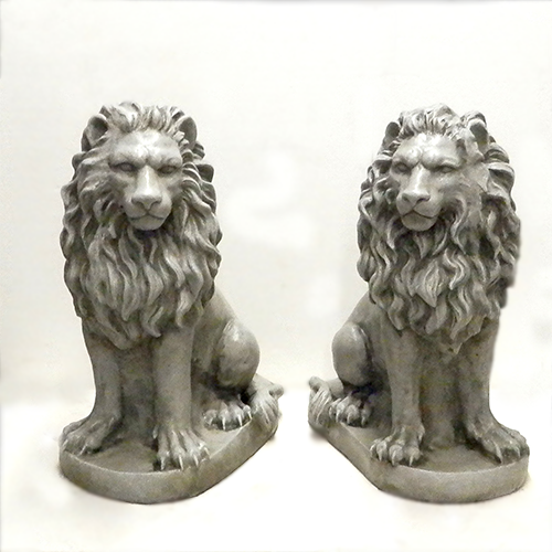 Two Sitting Lions Figures Concrete Right and Left Facing Lions 